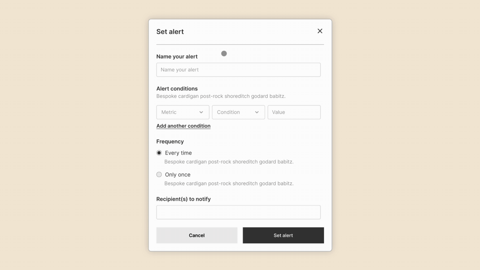 Animated recreated alert creation dialog showing alert name, conditions, frequency, recipients, and set alert action.
